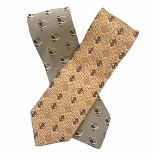 2 Bill Blass Black Label Mens Tie 100% Silk Gold Gray Tan Geometric Men's Tie